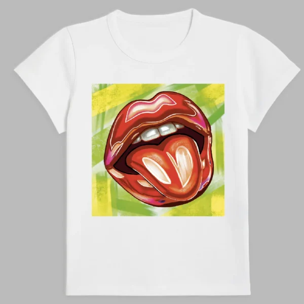 white t-shirt with strawberry lips print