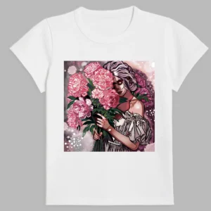 white t-shirt with a girl with peonies