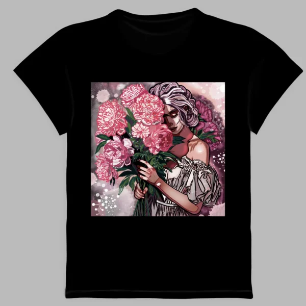 black t-shirt with a girl with peonies