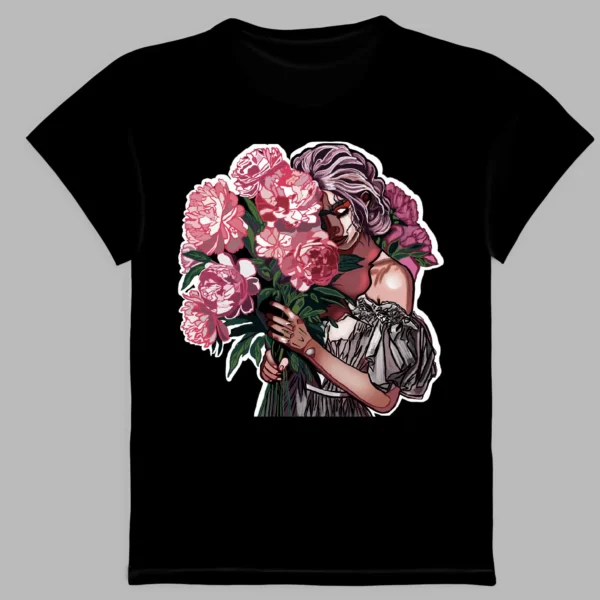 black t-shirt with a girl with peonies