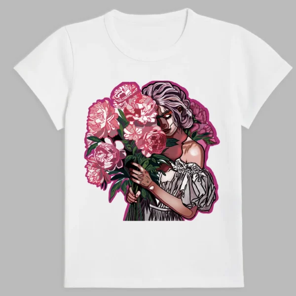 white t-shirt with a girl with peonies