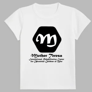 white t-shirt with a logo print of the mother teresa international rehabilitation center