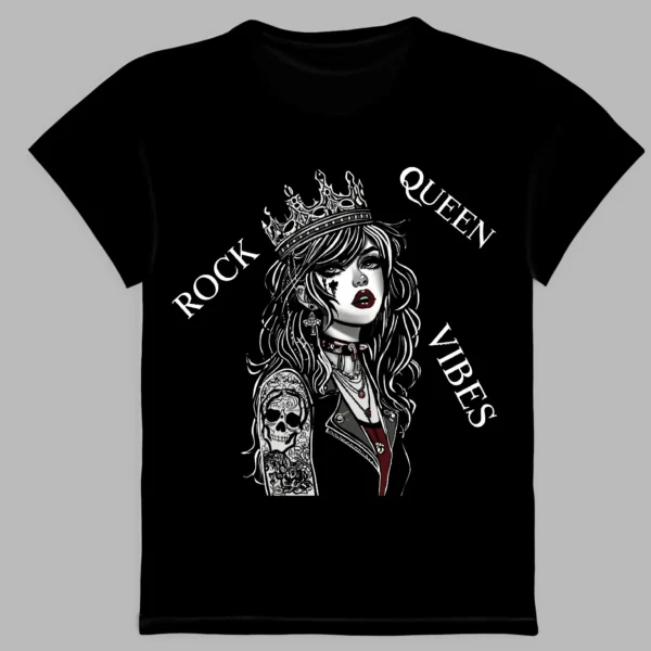 a black t-shirt with a print of the rock queen