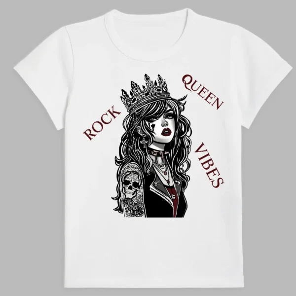 a white t-shirt with a print of the rock queen