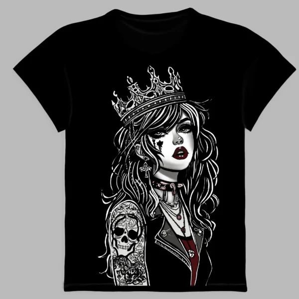 a black t-shirt with a print of the rock queen