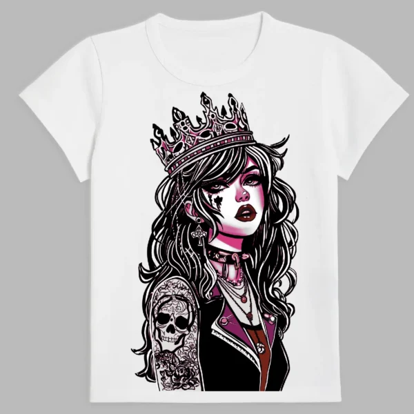 a white t-shirt with a print of the rock queen