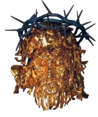 The head of Christ the Savior of Ukraine, crafted from countless small fragments of military ammunition and coated with pure gold using the electrolytic method.